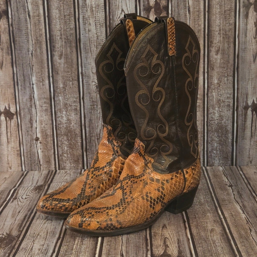 Sz 9.5 D Mens Dan Post Brown Python Snakeskin Western Cowboy Boots VGUC